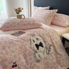 Pink Leopard Print Cute Cat Embroidery Velvet Warm Winter Bedding Set