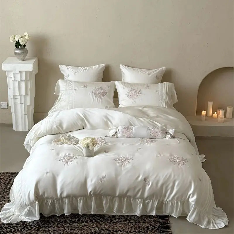 Flowers Embroidery Ruffles Princess Wedding Bedding Set
