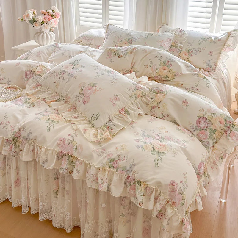 100% Cotton Flowers Print Lace Ruffles Princess 4/6Pcs Bedding Set