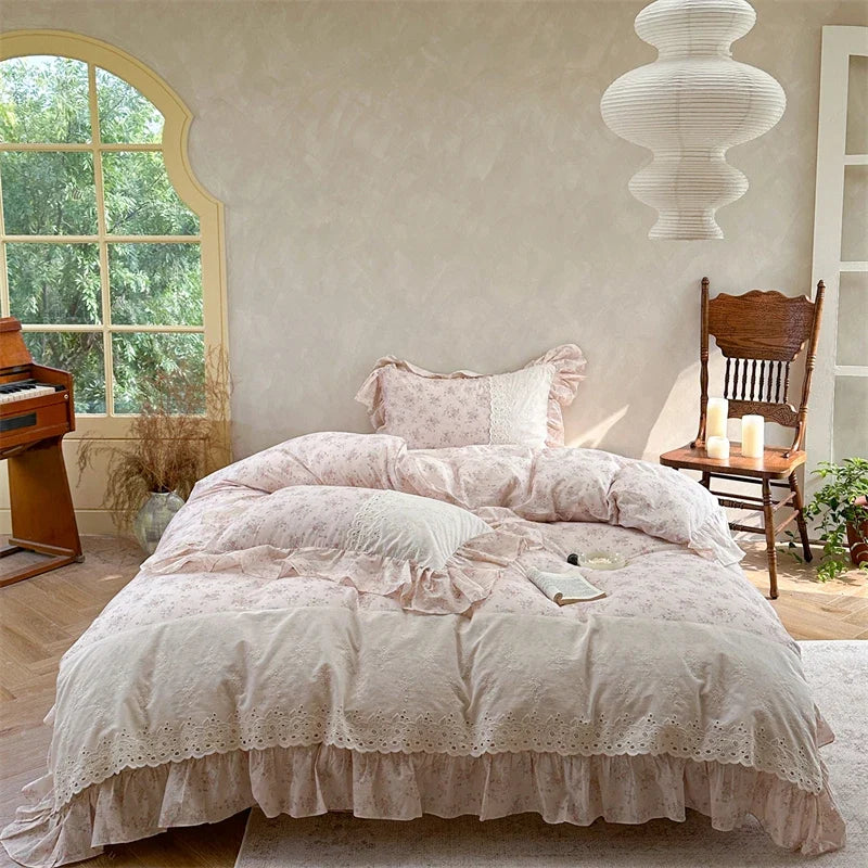 French Vintage 100% Cotton Lace Ruffles Floral Princess Bedding Set