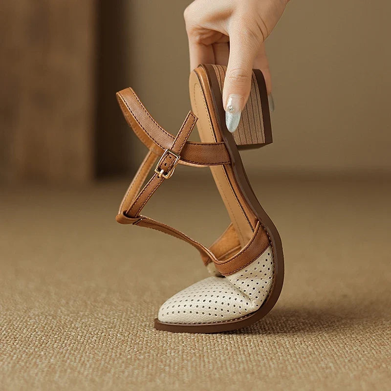 Sheepskin Hollow Breathable Elastic Buckle Middle Heel