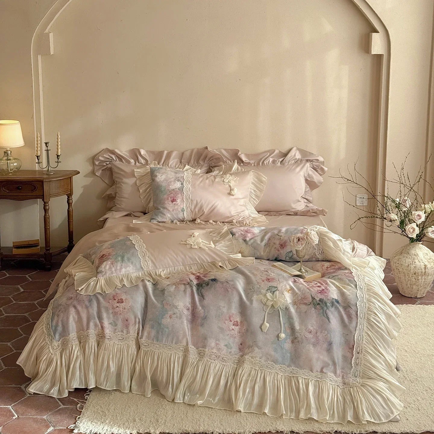 Vintage French Oil Painting Style Floral Print Chiffon Lace Bedding Set