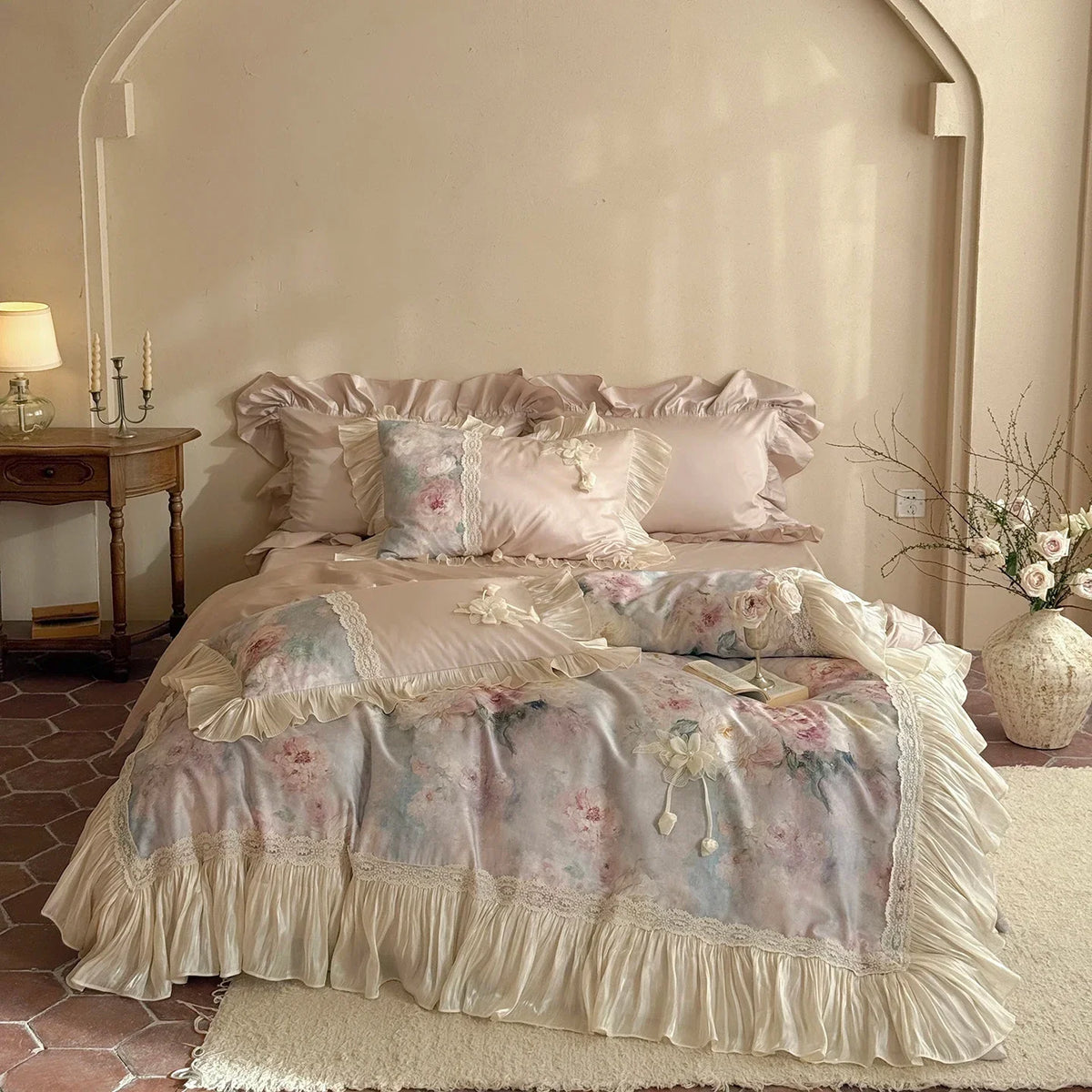 Vintage French Oil Painting Style Floral Print Chiffon Lace Bedding Set