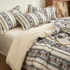 Vintage French Yarn-dyed Cotton Linen Blend Jacquard Tassel Edge Bedding Set