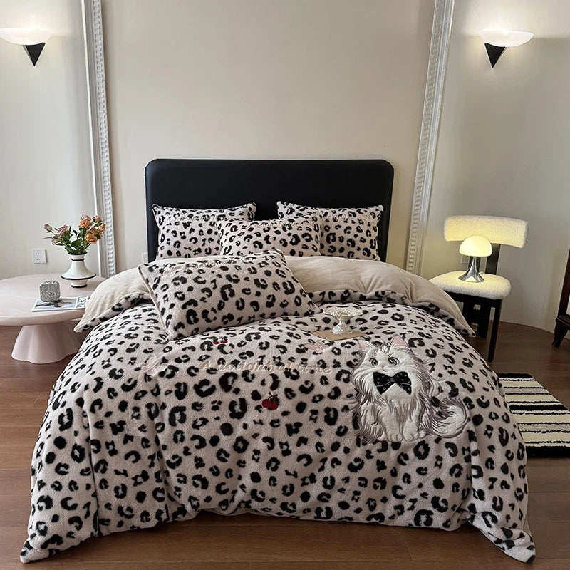 Pink Leopard Print Cute Cat Embroidery Velvet Warm Winter Bedding Set