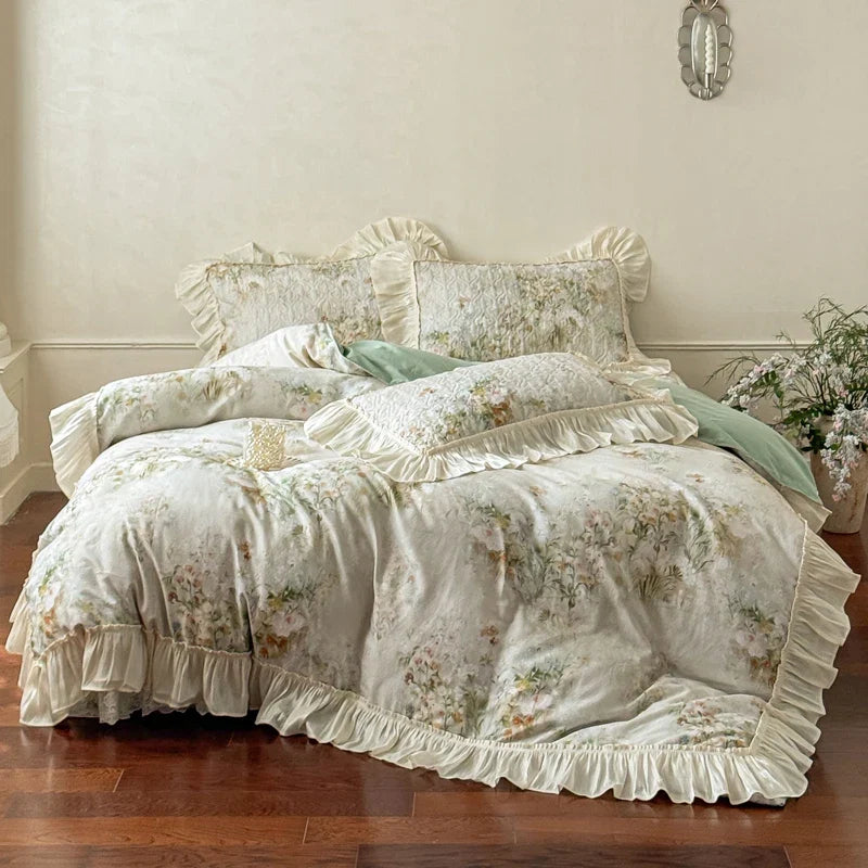 Korean Princess Style Floral Ruffles 100% Cotton Bedding Set