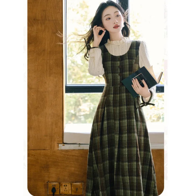 Harmony Plaid Wool Dark Academia Cottage Dress