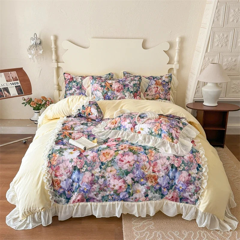 3/4Pcs French Princess Style Pink Luxury Duvet Cover Set Double Bedding Bedroom With Elastic Band Bed Linen Ruffle Pillowcase