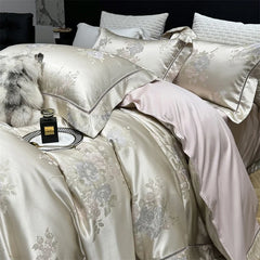 Premium 100S Egyptian Cotton Floral Jacquard Luxury Bedding Champagne Ultra Soft Duvet Cover Set Bed Sheet With Pillowcase 4Pcs