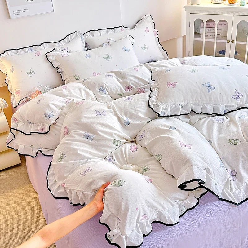 Heart Print Duvet Cover Set Princess Style Lace Ruffles Bedding Set