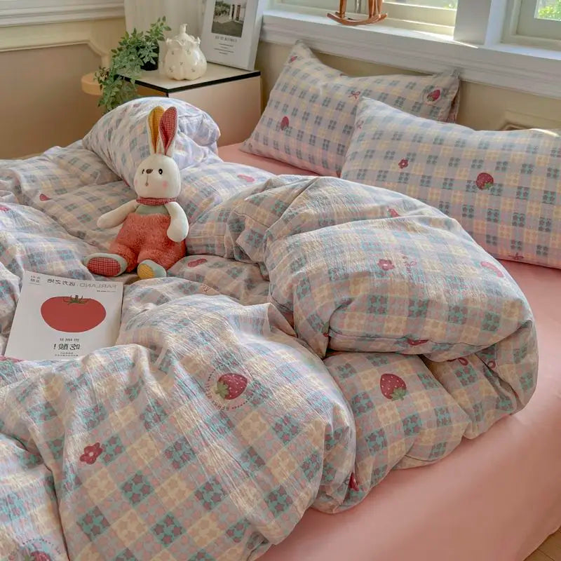 Fashion Floral Duvet Cover Set with Flat Sheet Pillowcase No Filler Girls Twin Full Queen Size Korean Soft Bedding Set