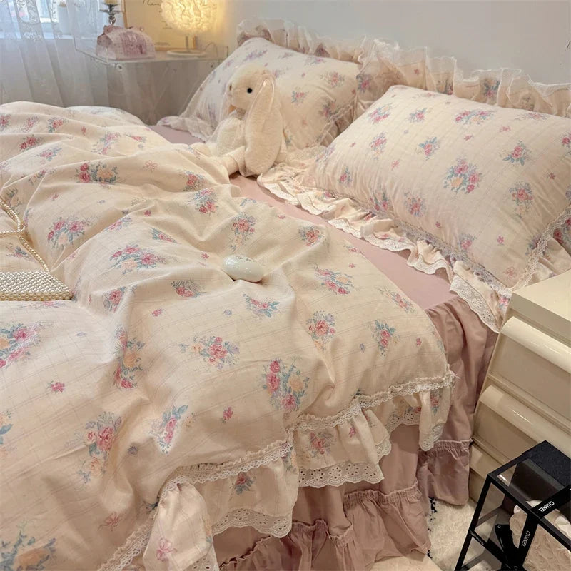 3/4Pcs Korean Princess Style Floral Lace Ruffle 100% Cotton Bedding Set