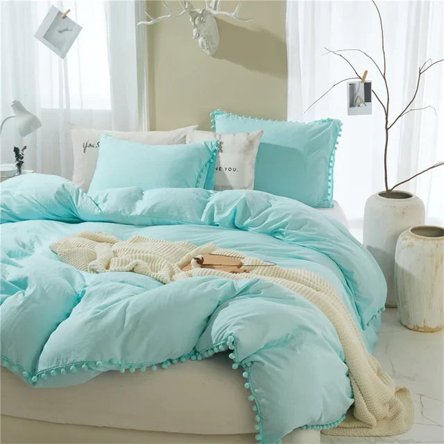 Twin Queen Size Solid Color Duvet Cover Set Pom Tassel Soft Microfiber Bedding Set