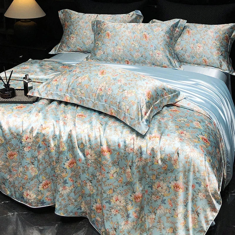 Luxury Mulberry Silk Duvet Cover High End Floral Printed Bedding Set