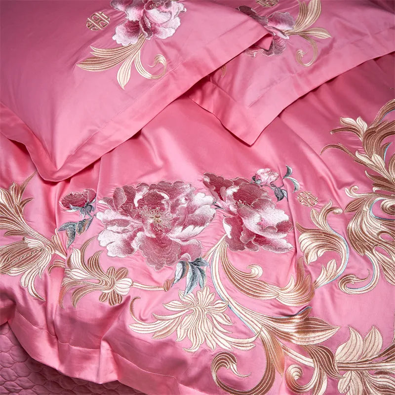 Luxury Chinese Style Wedding Flowers Embroidery Rose Pink Bedding Set
