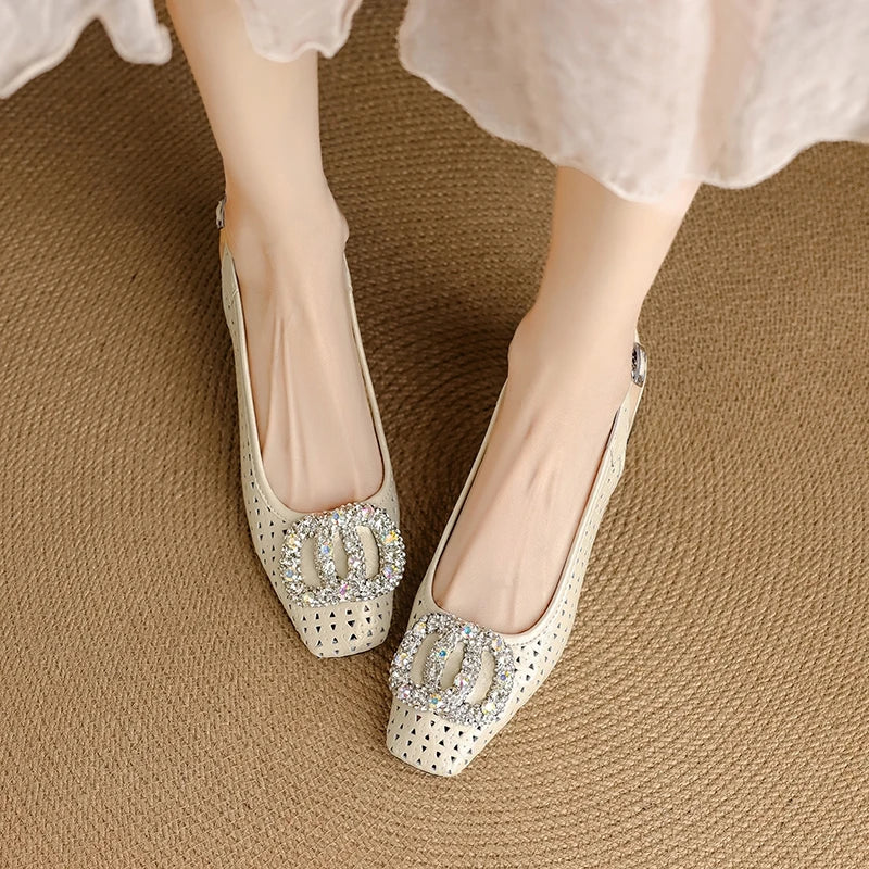 Breathable Hole Leather Cowhide Rhinestone Accessories with Loose Grip High Heels