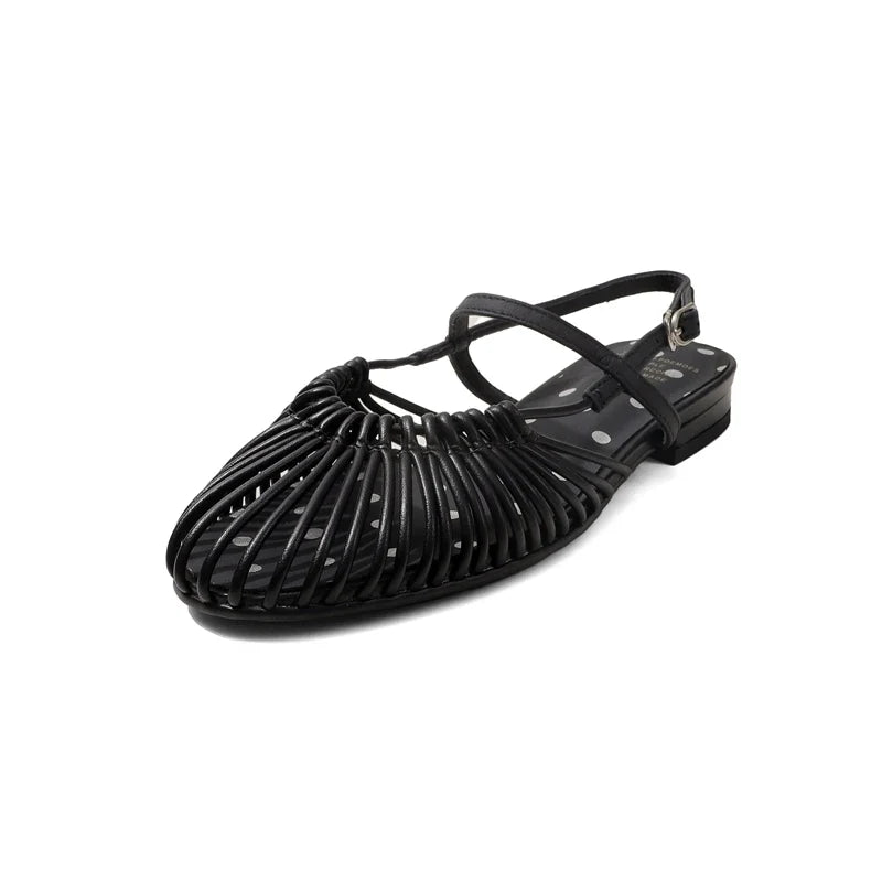 leather cowhide round toe hollow out comfortable breathable loose grip low Heel