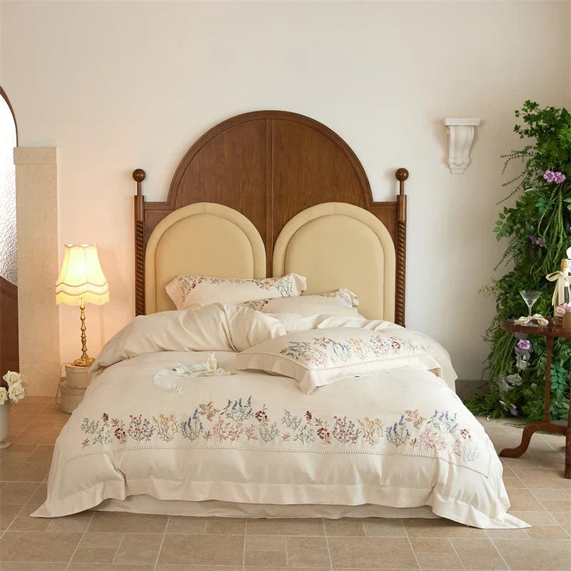 Natural Cotton Linen Vintage French Flowers Embroidery Luxury Bedding Set