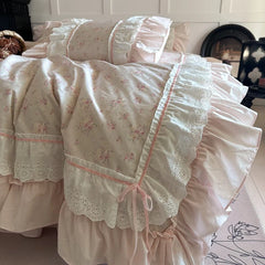 Pink Floral Double Layer Lace Ruffles 100% Cotton Bedding Set
