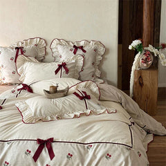 Cotton Linen Bedding Set, Cherry Embroidery with Ruffle & Bow, Farmhouse Style Duvet Cover Set, Soft Bed Linen Pillowcases 4Pcs