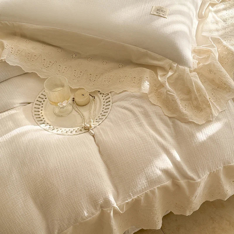 Vintage French Lace Ruffles 100% Cotton Double Yarn Soft Comfortable Bedding Set