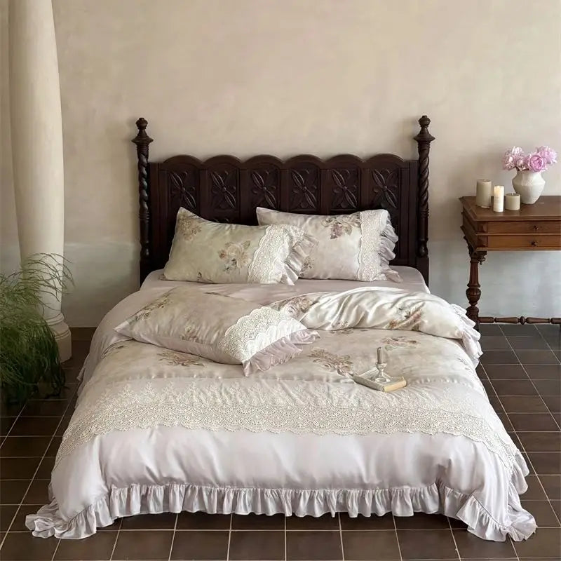 Vintage French Rose Flower Print Lace Bedding Set