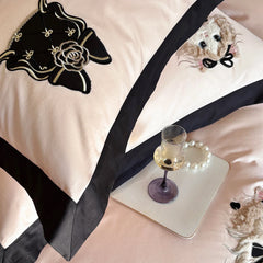 Pink Cute Cat Embroidery Black Wide Edge Luxury Bedding Set