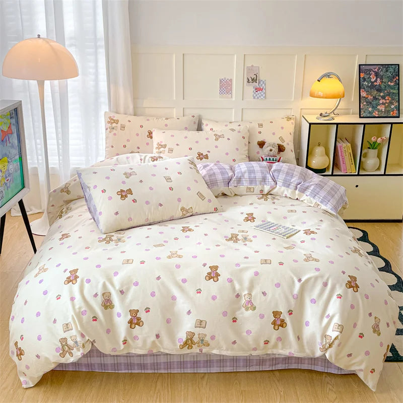 Heart Pattern 100% Cotton Duvet Cover Set with Flat Sheet or Fitted Sheet 3/4 Pcs Soft Breathable Queen King Size Bedding Set