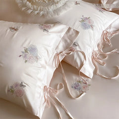 Pink Flowers Butterfly Embroidery Lace-Up Princess Bedding Set