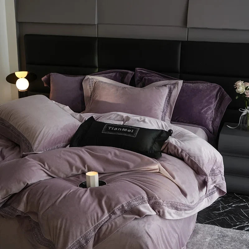 4Pcs Winter Thickened Milk Velvet Luxury Purple Bedding Set