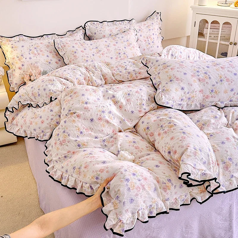 Heart Print Duvet Cover Set Princess Style Lace Ruffles Bedding Set