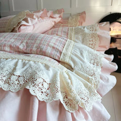 Vintage French Plaid Lace Ruffles 100% Cotton Bedding Set