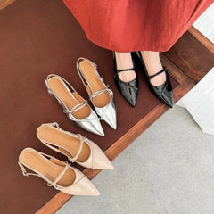 French Black Pointed Patent Leather Mid-Heel