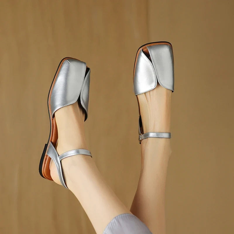 Square Headed Elastic Belt Comfortable Low Heel