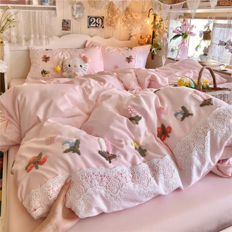 3/4Pcs Korean Princess Style Floral Embroidered Towel Bedding Set