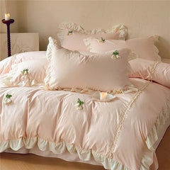 3/4Pcs Korean Princess Style Ruffles Washed Cotton Bedding Set