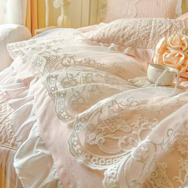 4/6Pcs Pink Princess Wedding Lace Embroidery Korean Style Bedding Set