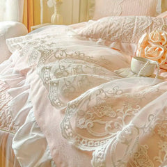 4/6Pcs Pink Princess Wedding Lace Embroidery Korean Style Bedding Set