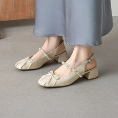 leather cowhide round toe elastic buckle middle Heel