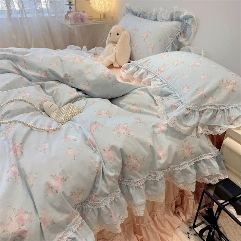 3/4Pcs Korean Princess Style Floral Lace Ruffle 100% Cotton Bedding Set