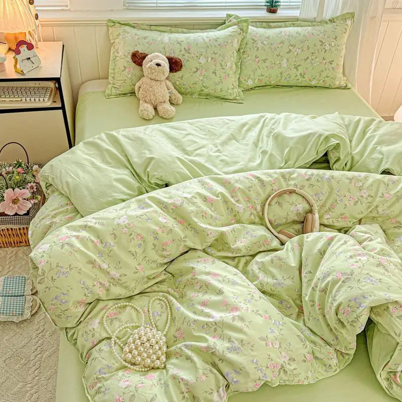 Green Floral Duvet Cover Set No Filler Pillowcase Flat Sheet Fashion Single Queen Size Girls Blanket Decoration Bedding Set
