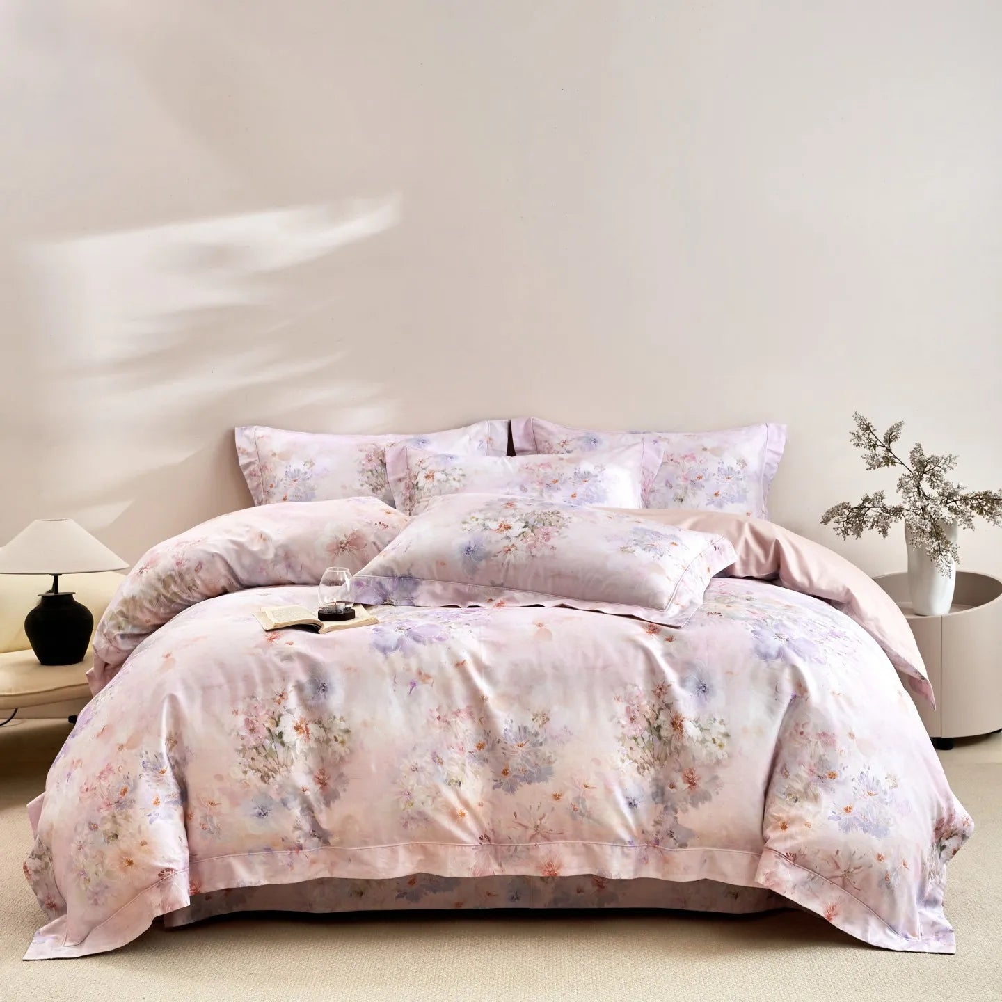 600TC Egyptian Cotton Flowers Print Queen King Size Luxury Bedding Set