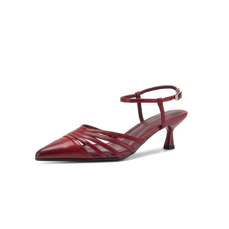 leather cowhide pointed elastic band high Heel