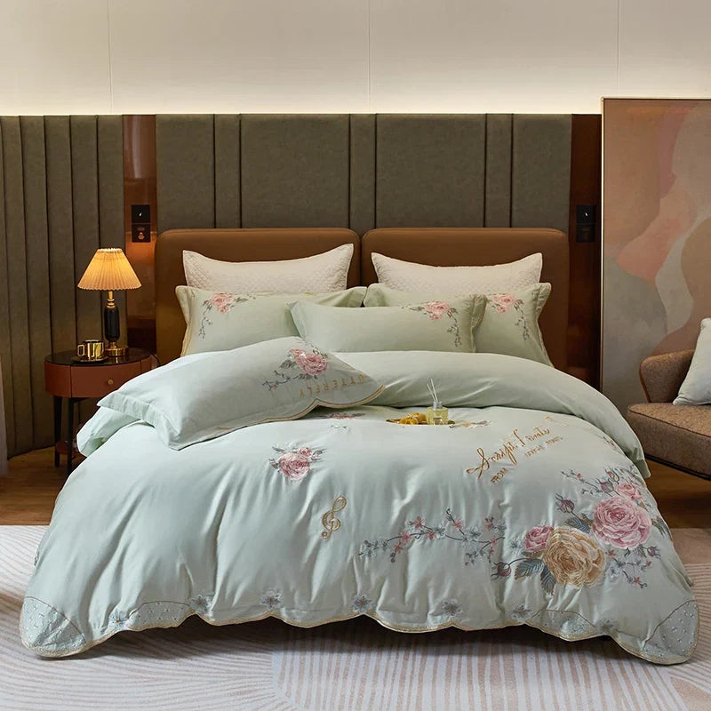 Peony Flowers Embroidery Luxury Bedding Set