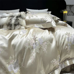 Premium 100S Egyptian Cotton Floral Jacquard Luxury Bedding Champagne Ultra Soft Duvet Cover Set Bed Sheet With Pillowcase 4Pcs