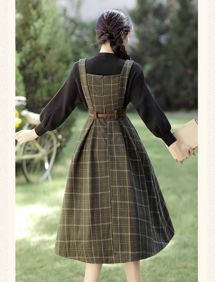 Conjunto de 2 piezas de vestido de lana a cuadros de la Academia oscura de Forest Witch