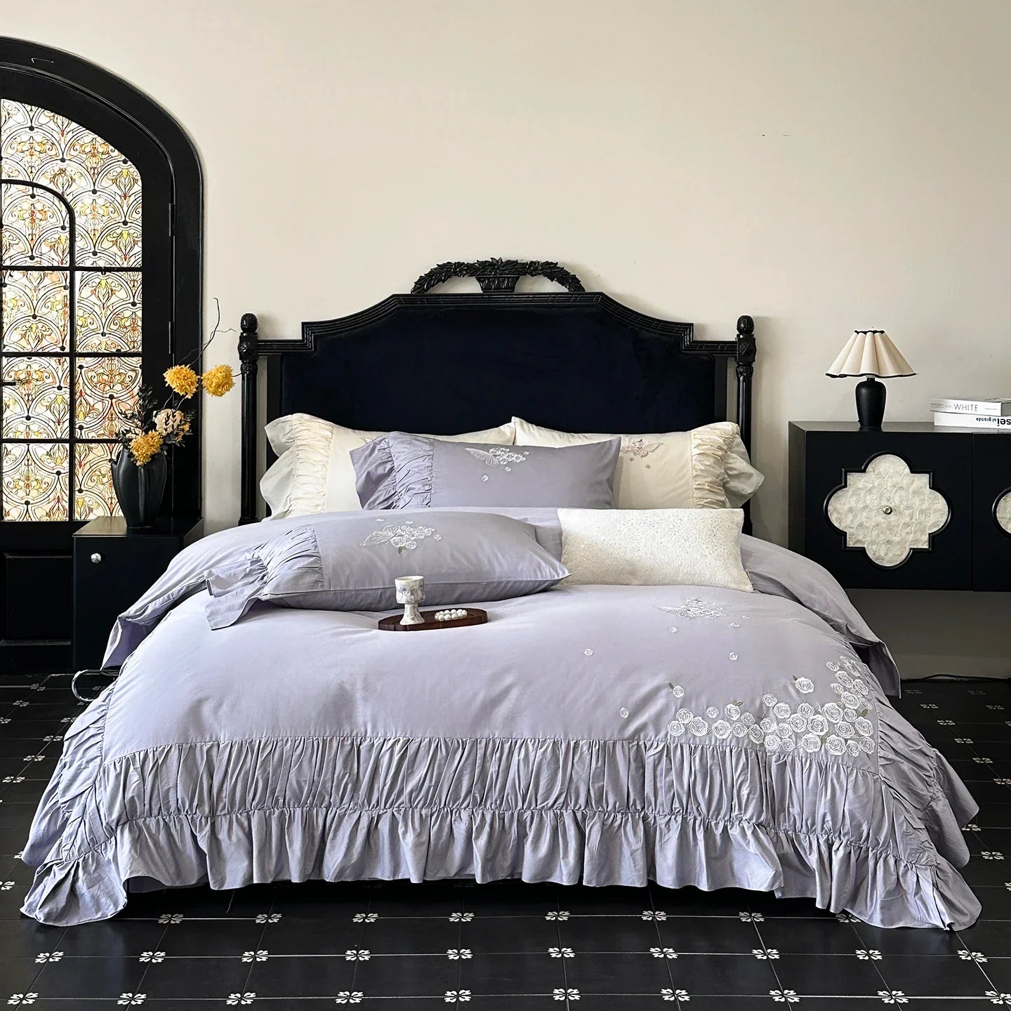 Luxury Rose Butterfly Embroidery Ruffles Princess Bedding Set