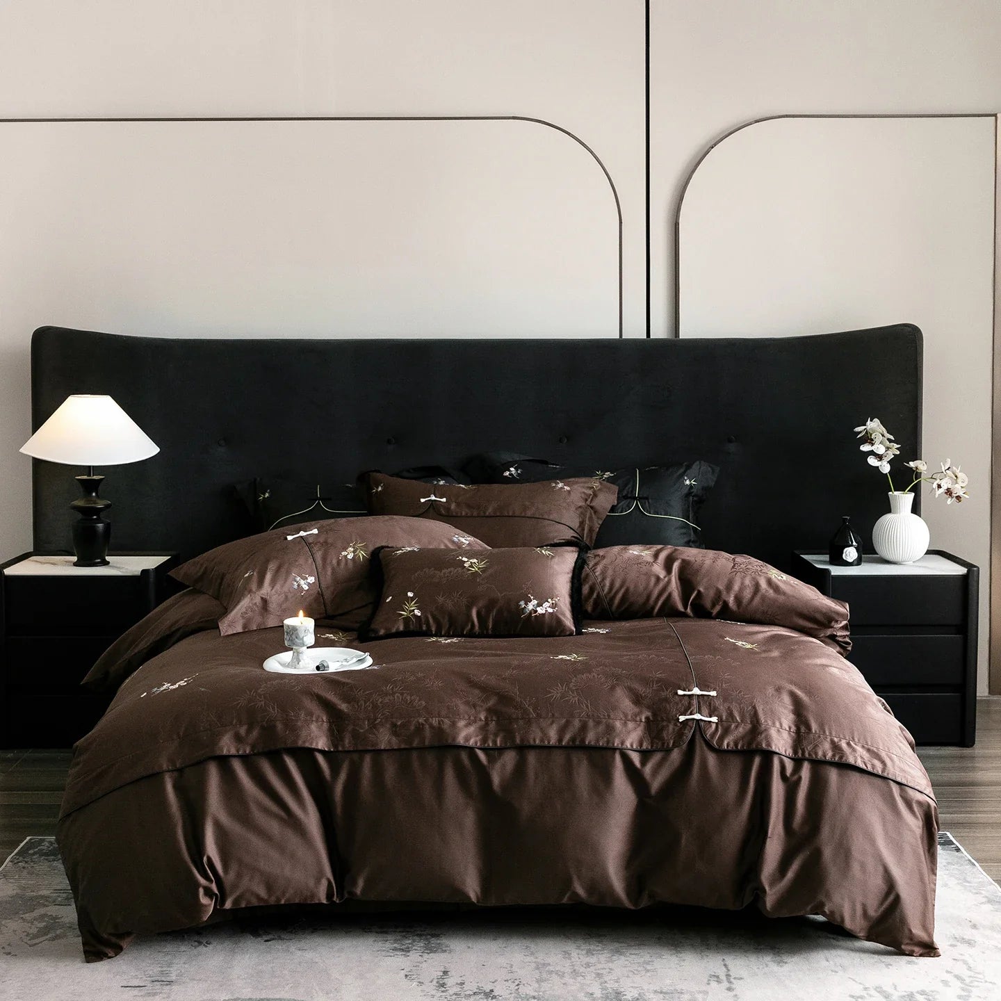 Chinese Style Bamboo Jacquard Plum Blossom Embroidery Egyptian Cotton Luxury Bedding Set