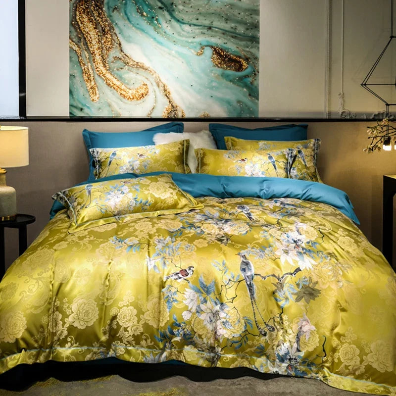 Luxury American Satin Jacquard Cotton Flowers Bird Bedding Set