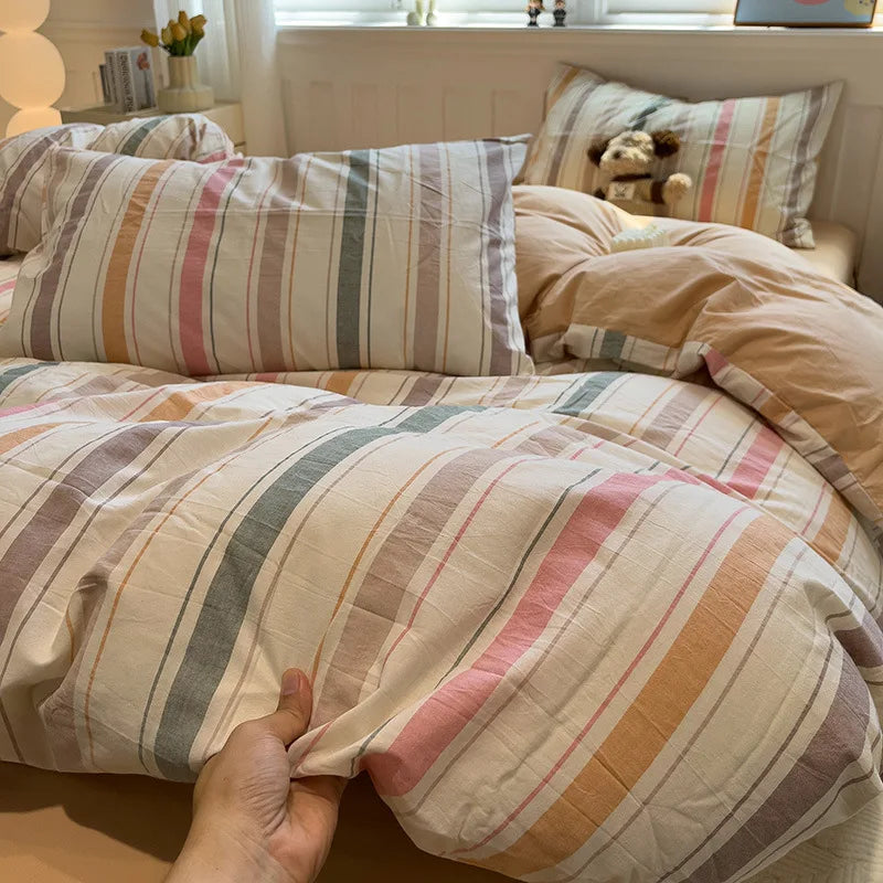 Simple Style Stripe Duvet Cover Set Bed Sheet Set Washed Cotton Bedding Set